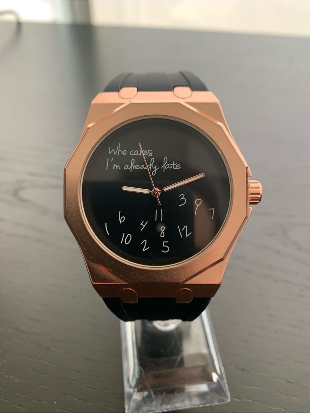 Royal Oak Style Black Dial Watch Rose Gold Who Cares I’m already late Dial